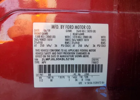 2019 Lincoln Nautilus Reserve from USA, damaged, VIN 2LMPJ8L95KBL52190